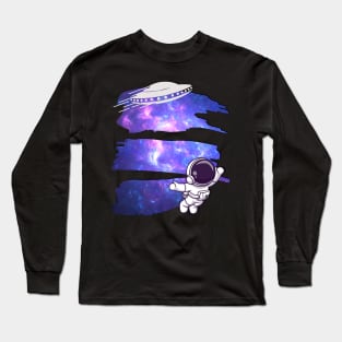 Ufo alien funny cute flying spaceship astronaut moon mars cosmic forest Long Sleeve T-Shirt